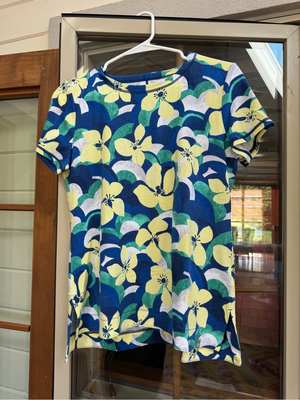 Talbots Navy Blue Floral Short Sleeve Tee with Yellow & Green Accents